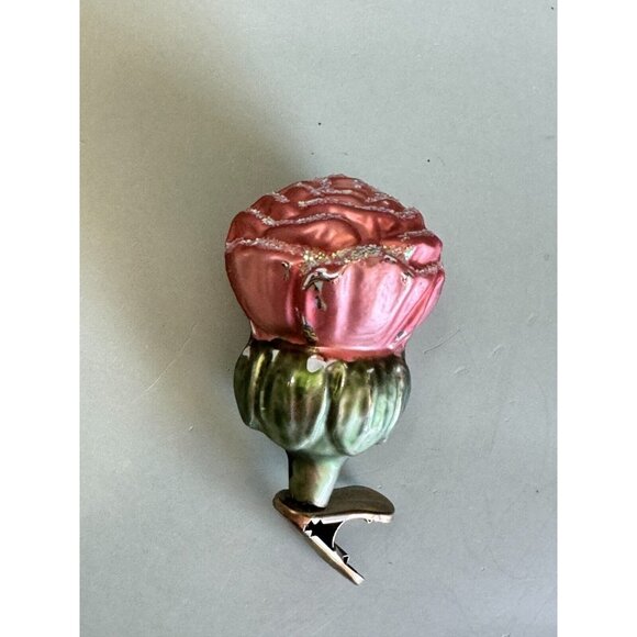 Vintage Blown Glass Rose Bud Clip On Christmas Ornament Midcentury - Picture 6 of 7